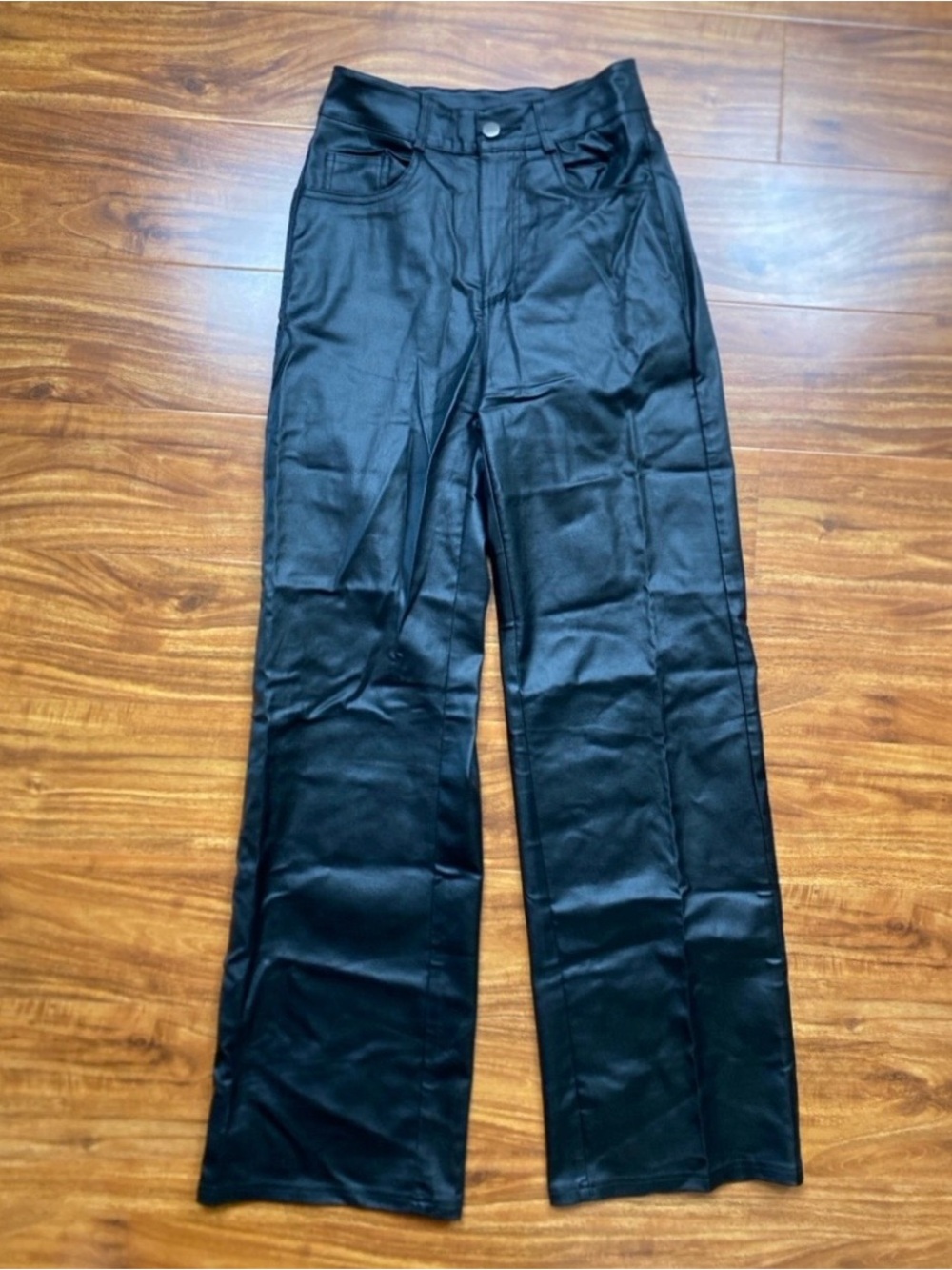 Amazon Women's Black Faux Leather Stretch High Waist Wide Leg Pants Size Small